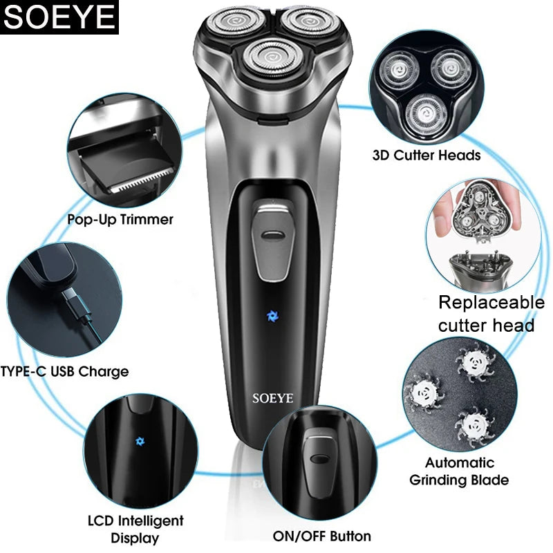 Electric Shaver for Men Electric Razor SOEYE Shaver for Men 3D Floating Blade Beard Trimmer USB Recharge Hair Cutting Machine