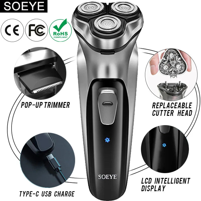 Electric Shaver for Men Electric Razor SOEYE Shaver for Men 3D Floating Blade Beard Trimmer USB Recharge Hair Cutting Machine